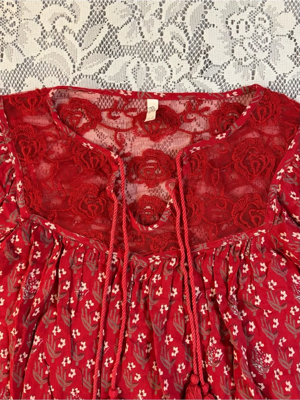 Free People Nomad Child Red Lace Inset Bell Sleeve Boho Mini Dress